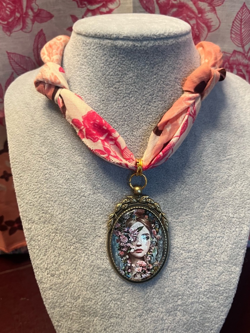 Boho Floral Bandana Necklace with a beautiful Gypsy Woman.